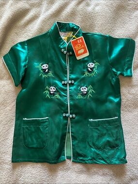 Kids Green Satin Panda Embroidered Mandarin Jacket